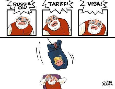 Cartoon on Modi facing US tariffs and sanctions