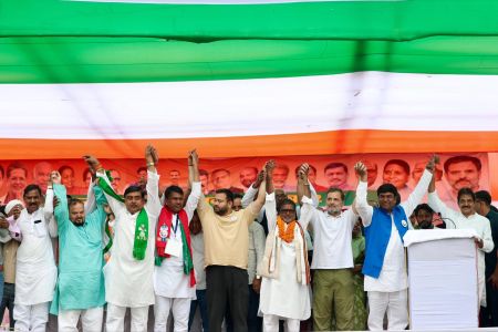 Tejashwi Yadav addressing supporters during Mahagathbandhan’s campaign in Bihar.