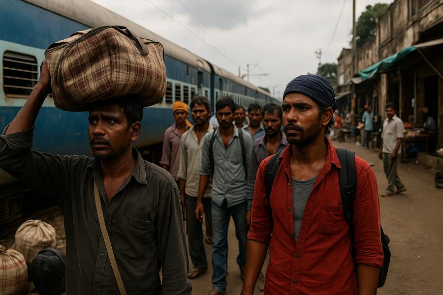 Bihari migrant workers preparing to leave their state in search of jobs.