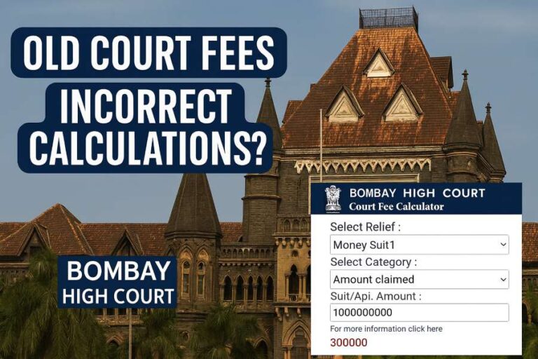 Bombay High Court building with court fee-related graphic