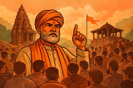 Illustration of a modern religious leader addressing a crowd near temple structures, symbolising Hindutva’s focus on cultural hierarchy and identity.