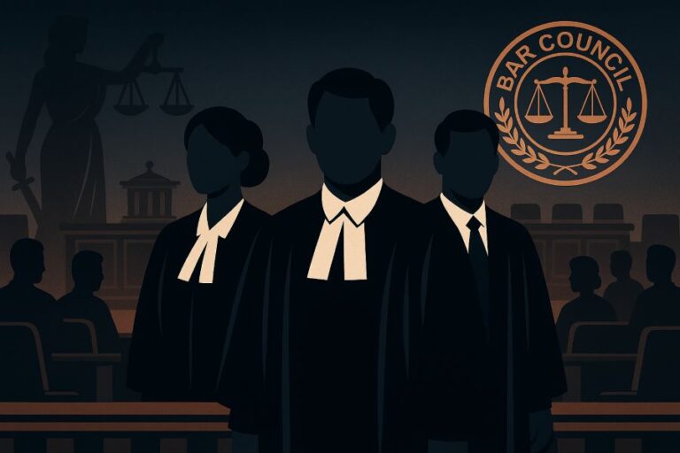 Illustration of lawyers in courtroom with symbolic regulatory seal, representing investigation into Bar Council fee issue.