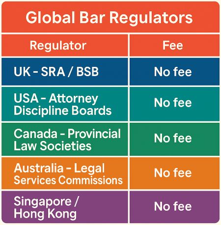 Comparison chart of global bar regulators showing UK, USA, Canada, Australia, Singapore and Hong Kong charge no fee for misconduct complaints.