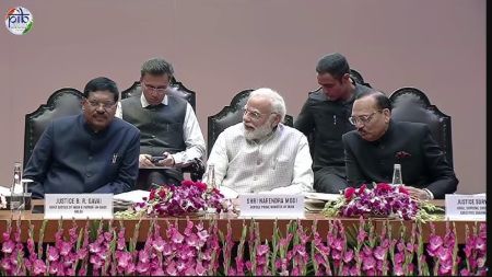 PM Modi with CJI Gavai and Justice Surya Kant at Legal Services Day discussing judicial reforms