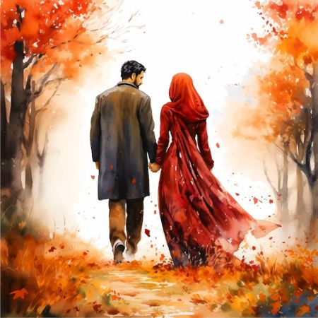 A Muslim couple walking together in an autumn setting, symbolising reflection and reconciliation during the Iddat period.