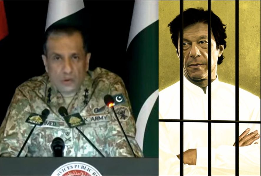 Composite image showing DG ISPR Lt Gen Ahmed Sharif alongside a symbolic illustration of Imran Khan behind bars.