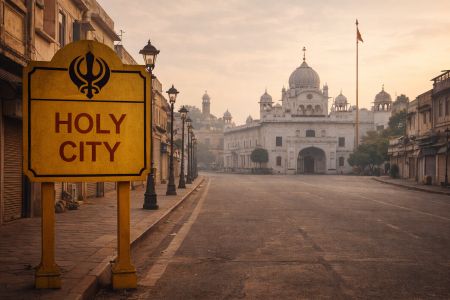 Holy City signboard in Sikh religious town street