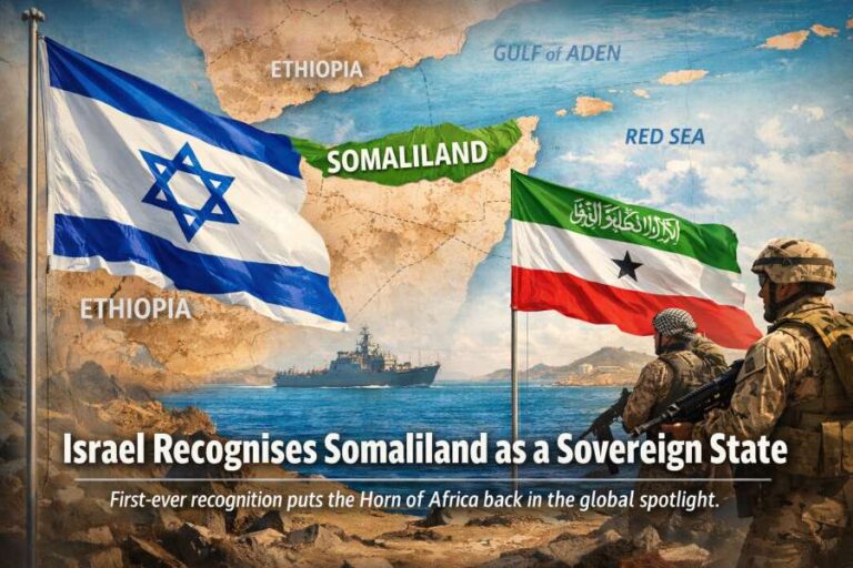 Israel recognises Somaliland – map of Horn of Africa showing Somaliland, Gulf of Aden and Red Sea with military presence.