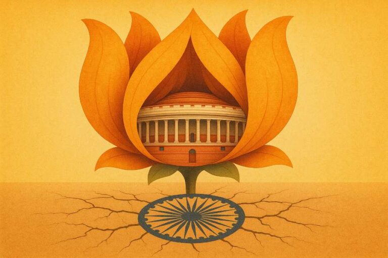 Illustration showing Indian Parliament enclosed within lotus petals symbolising shrinking democratic space under BJP rule
