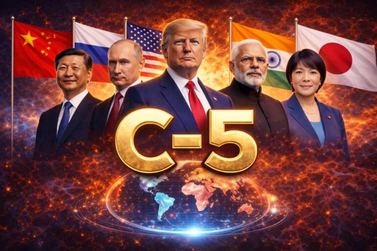 Leaders of proposed C-5 alliance — Donald Trump, Vladimir Putin, Xi Jinping, Narendra Modi and Sanae Takaichi with national flags