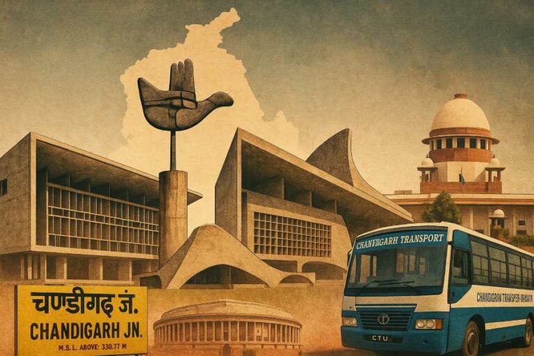 Editorial illustration featuring Chandigarh’s Open Hand Monument, Punjab High Court, Vidhan Sabha, Secretariat, Indian Parliament, Supreme Court, CTU bus, and Punjab map.