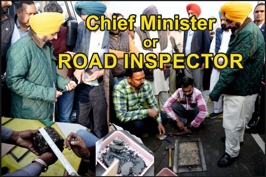Composite image showing Punjab CM Bhagwant Mann inspecting road work with text reading ‘Chief Minister or Road Inspector?’