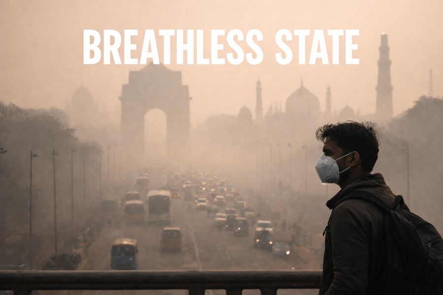 A masked man looks over a smog-filled Delhi skyline with India Gate barely visible through hazardous air pollution.