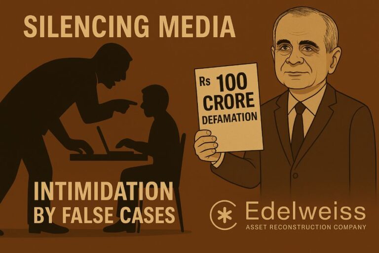 Illustration showing Edelweiss ARC depicted intimidating a journalist with a ₹100-crore defamation claim.