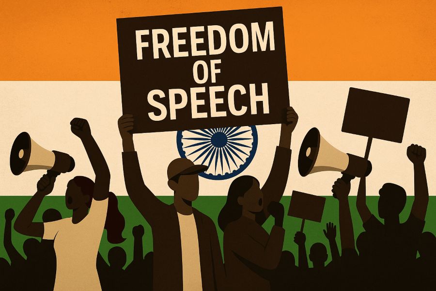 Freedom of speech protest in India with people raising placards and megaphone in front of the Indian flag.