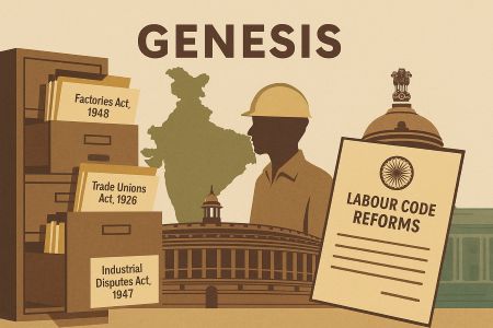 Illustrative scene representing the origin of India’s Labour Code reforms with historic legal documents, Parliament silhouette and worker iconography.
