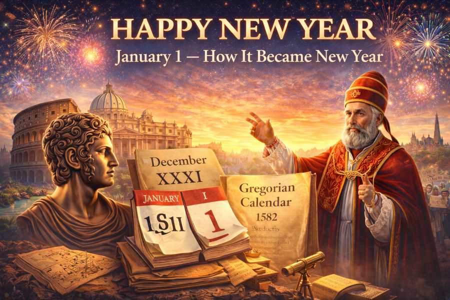 History of January 1 as New Year – Janus, Pope Gregory XIII, Gregorian Calendar 1582 and December 31 to January 1 transition.