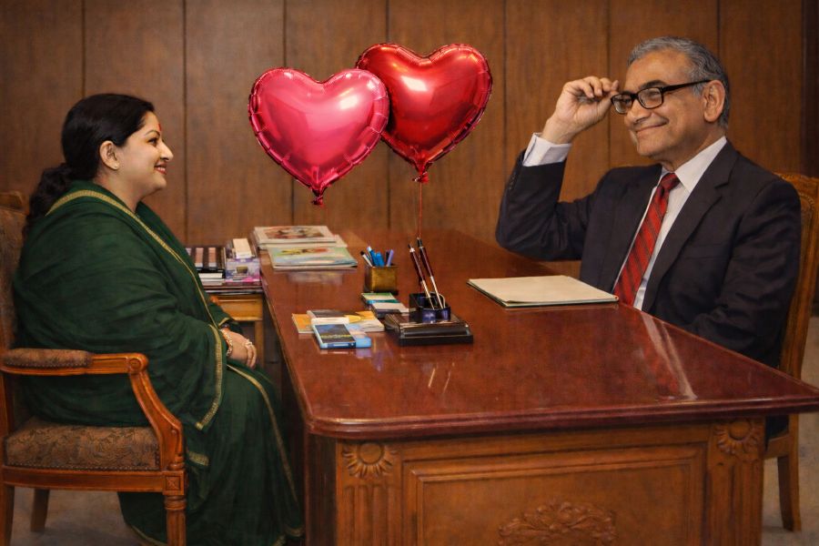 Justice Markandey Katju smiling while seated across Jayalalithaa in her office, symbolic heart balloons between them, recalling his affectionate memoir.