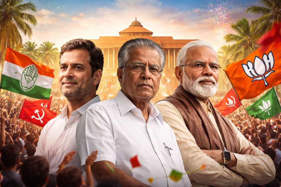 Leading political figures representing Congress, CPI(M) and BJP against the Kerala Assembly backdrop with party flags and supporters.