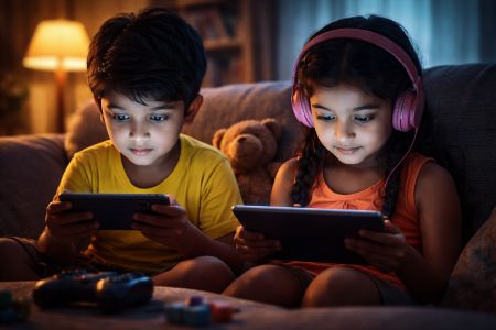 Indian boy and girl using a smartphone and tablet late in the evening, symbolising excessive screen exposure