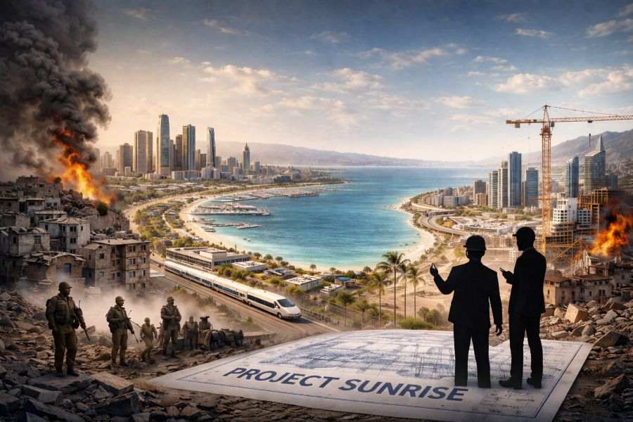 War-torn Gaza contrasted with a futuristic luxury coastal redevelopment vision under Project Sunrise