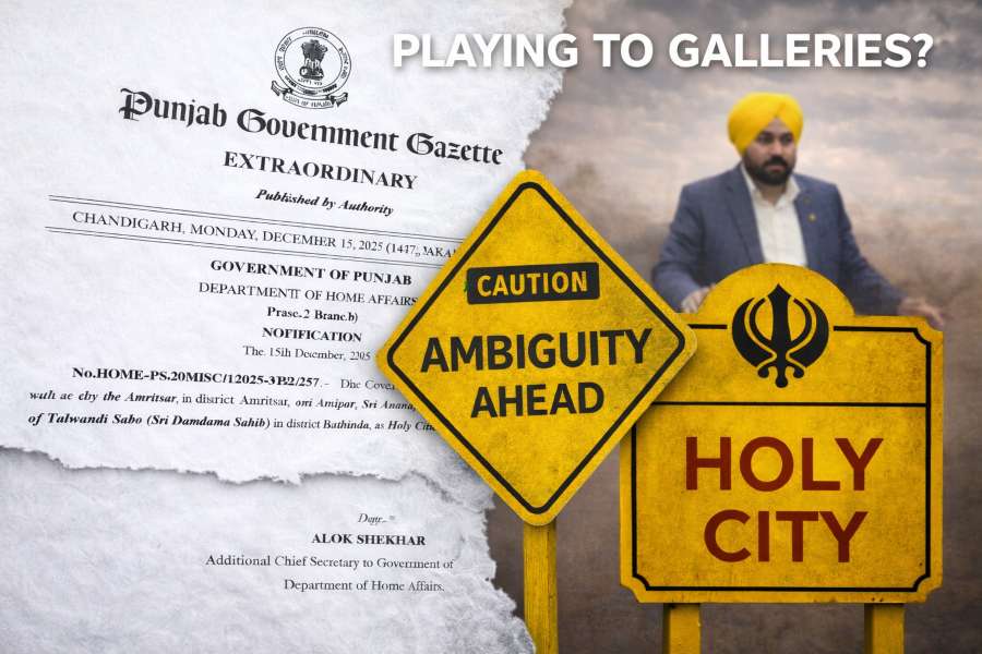 Punjab Holy City notification controversy: Bhagwant Mann in background with Gazette, caution ‘ambiguity ahead’ sign and Holy City board