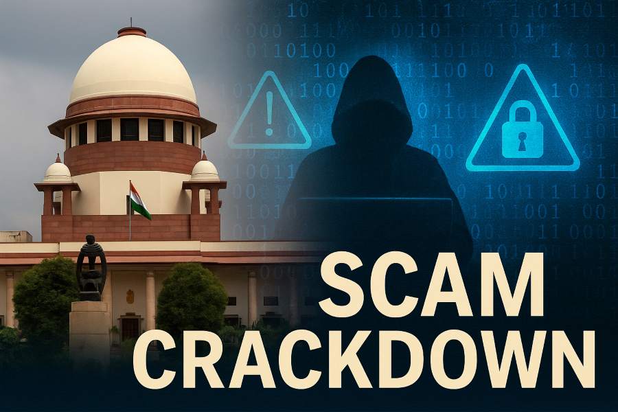 Supreme Court of India with cybercrime graphics highlighting crackdown on digital arrest scam.