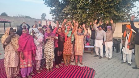 Sekhonwal Gram Sabha meeting in progress with villagers participating in a unanimous vote on Panchayat land restoration