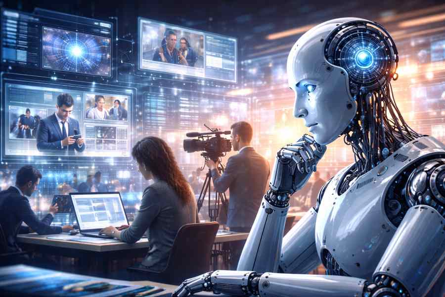 Artificial intelligence assisting journalists in a modern digital newsroom with screens, cameras and real-time news production
