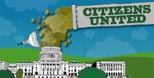 Citizens United ruling illustration showing money flowing into US politics