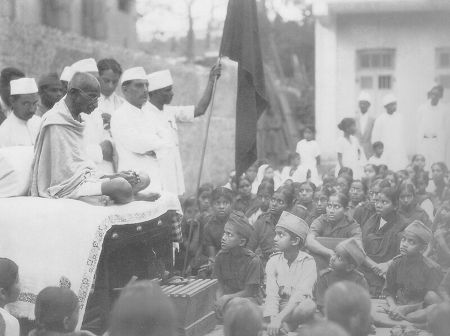 Mahatma Gandhi addressing supporters during the Non-Cooperation Movement