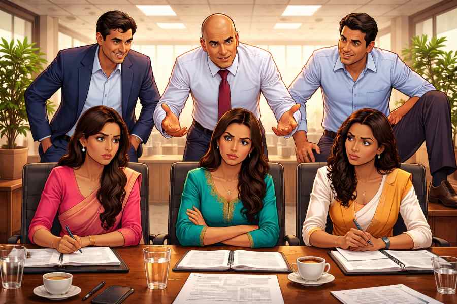 Illustration showing women confronting subtle sexism and mansplaining in professional and public spaces in India.