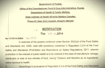 Punjab Food Safety notification banning gutka and pan masala