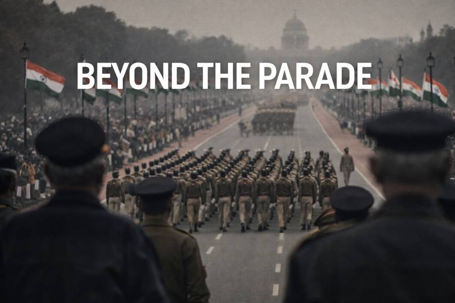 Republic Day parade on Kartavya Path with marching troops