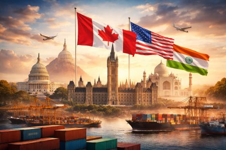 Canada, United States and India flags over global trade and shipping routes