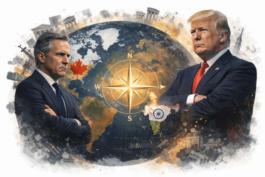 Donald Trump and Mark Carney face off across a world map symbolising shifting global power