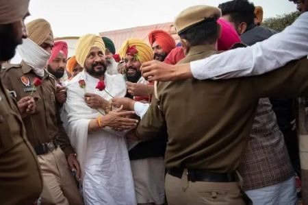 Charanjit Singh Channi amid party supporters in Punjab