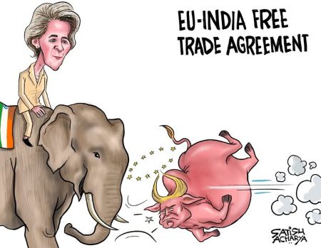 Cartoon depicting the EU–India free trade agreement