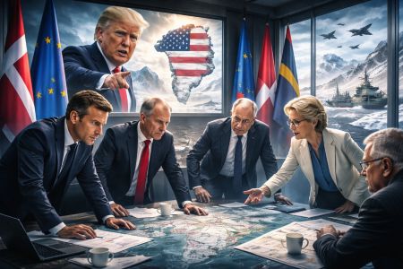 European leaders discussing strategy with Arctic maps and screens