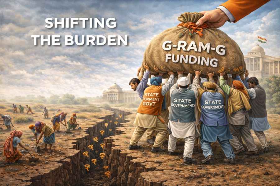 Illustration showing the Central Government shifting G-RAM-G funding burden onto Indian state governments while rural workers toil below.