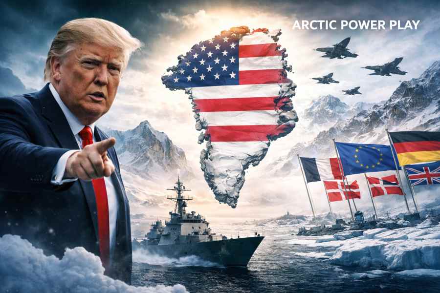 Donald Trump pointing as Greenland appears amid military and European symbols