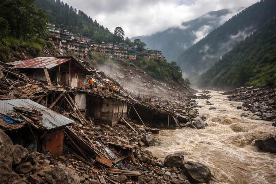 Flood and landslide destruction along a river in Himachal Pradesh during the 2023 monsoon disaster