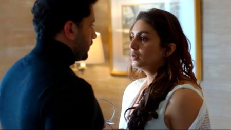 Film still from Single Salma showing Huma Qureshi in a tense personal conversation.