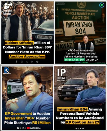 Khyber Pakhtunkhwa government auctioned '804' number plates since Imran Khan's party is in power in that state.