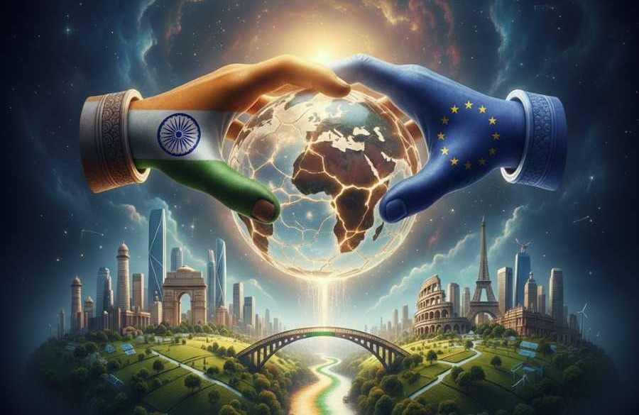 Illustration symbolising India–EU strategic partnership in global trade