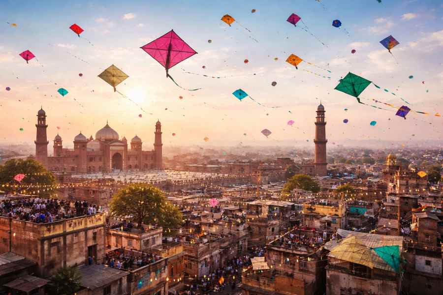 Illustrative view of Lahore skyline during Basant with colourful kites flying above rooftops and historic monuments