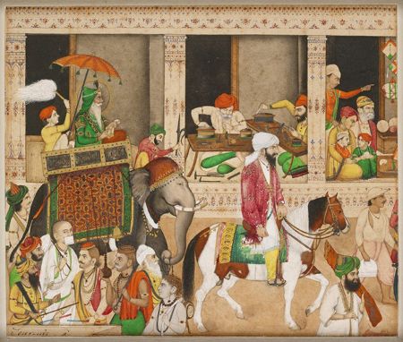 Historic miniature painting depicting Maharaja Ranjit Singh in a Lahore bazaar procession