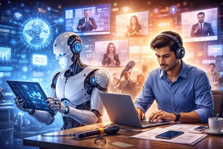 Human journalist and artificial intelligence working side by side in a digital media environment