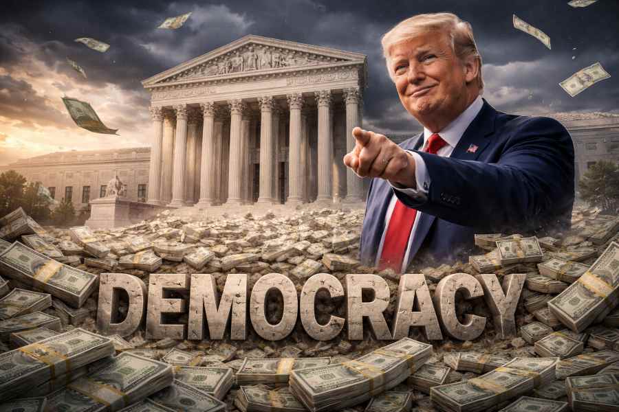 US Supreme Court, Donald Trump and money symbolising dark money’s impact on democracy