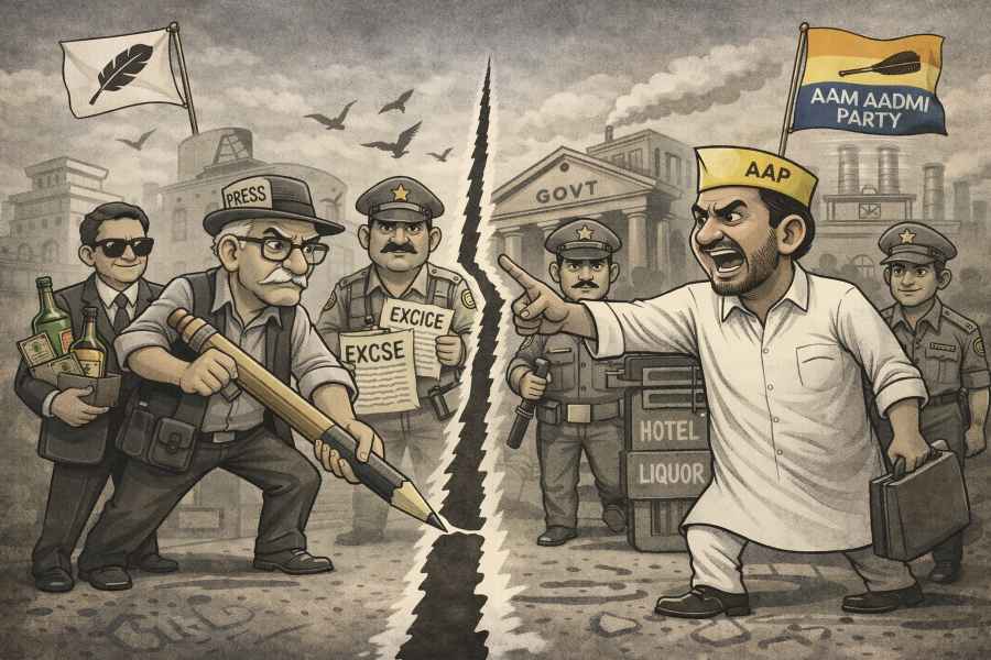 Caricature showing journalist, AAP government and enforcement agencies in conflict